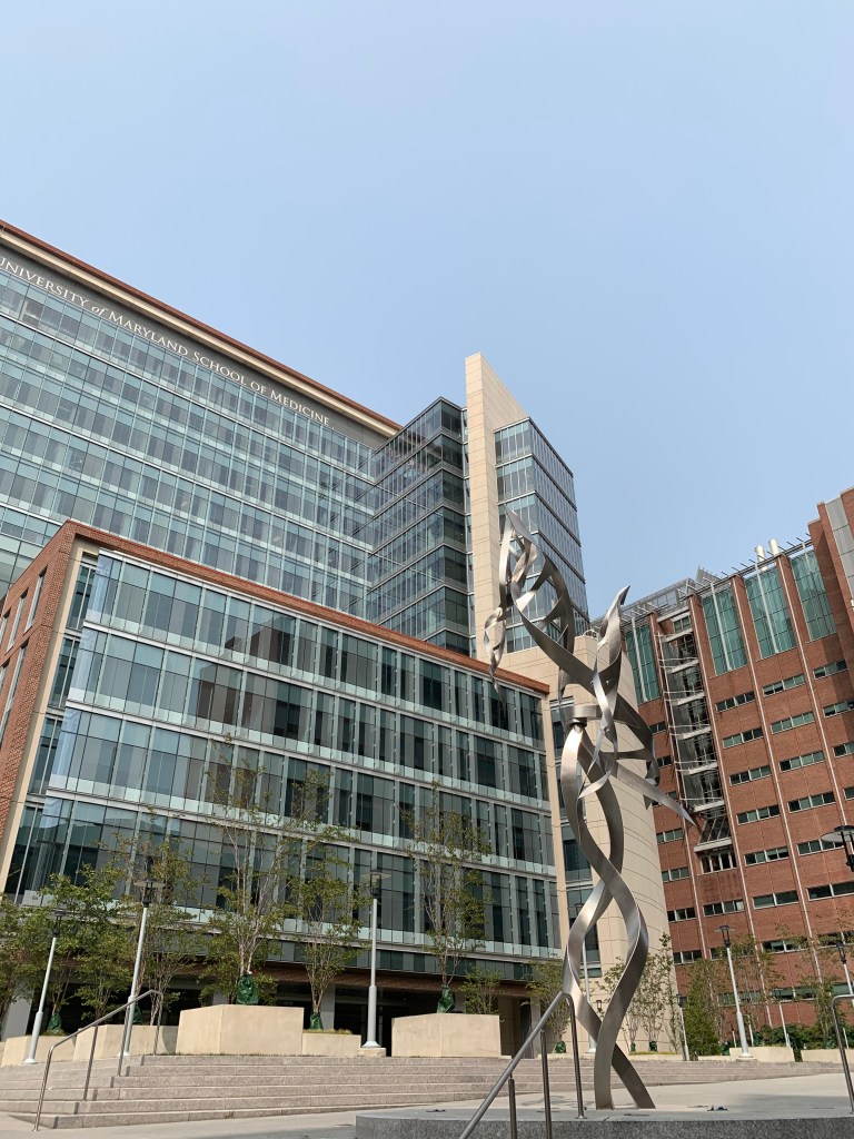 Looking up at a metal sculpture that stands out against tall glass and brick buildings. From this vantage point, I feel overwhelmed.